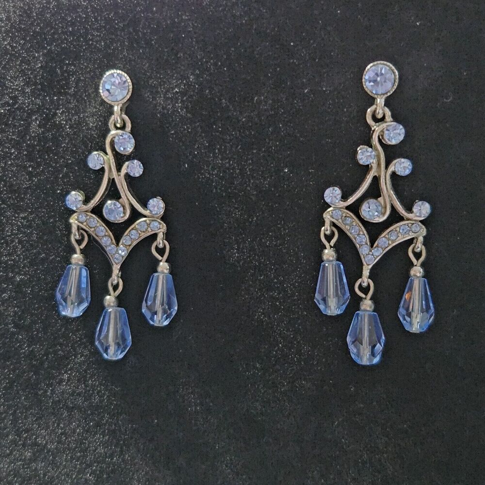 Silver Tone Ice Blue Beaded Chandelier Earrings